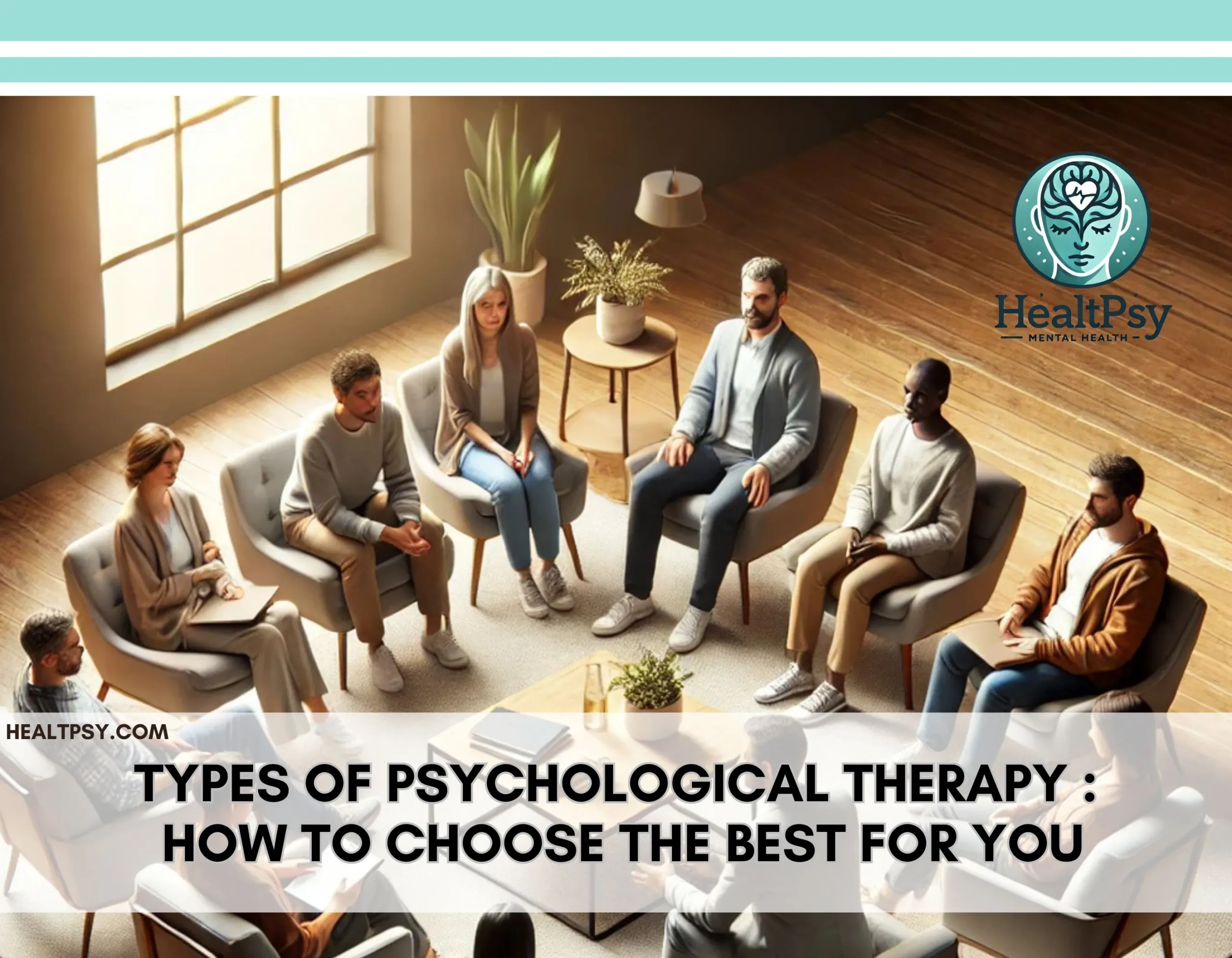 "A realistic image of a psychological therapy session with a diverse group of individuals seated in a semi-circle, guided by a calm therapist in a modern, well-lit room. The setting features cozy chairs, a coffee table, and natural lighting, symbolizing inclusivity and emotional healing."